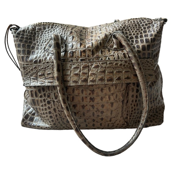 B. May crocodile embossed leather top handle leather bag large gray brown tote - Picture 2 of 11